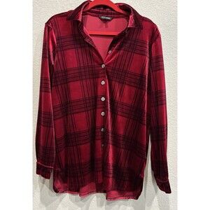 John Mark Crushed Velvet Red Black Plaid Button Down Blouse Women’s S